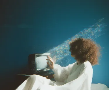 Person with curly hair sitting on bed in white outfit reaching towards an old television emitting colorful sparkles against a blue wall.