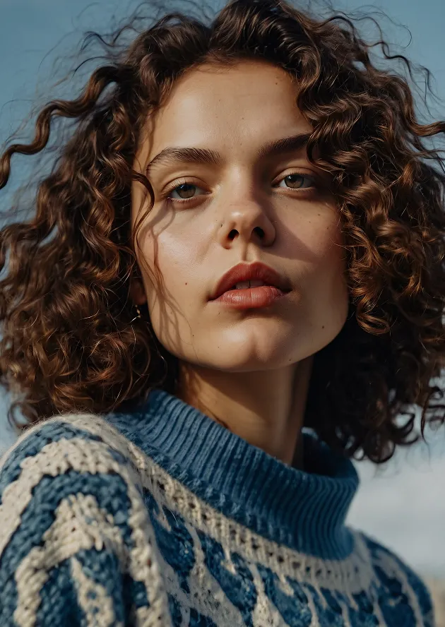 Close-up of a young woman with curly brown hair wearing a blue and cream knitted sweater against a blue sky background.
