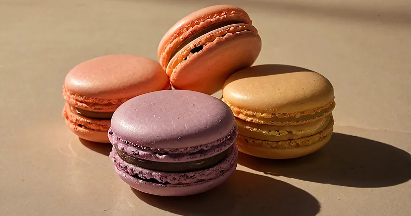 Four colorful macarons in purple, orange, and yellow shades on a beige surface with shadows.