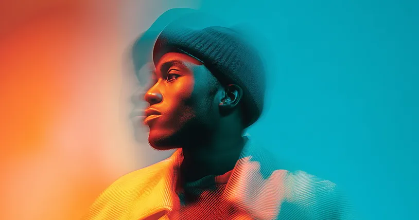 Side profile of a man wearing a beanie and jacket with a motion blur effect and warm orange to cool blue gradient background.